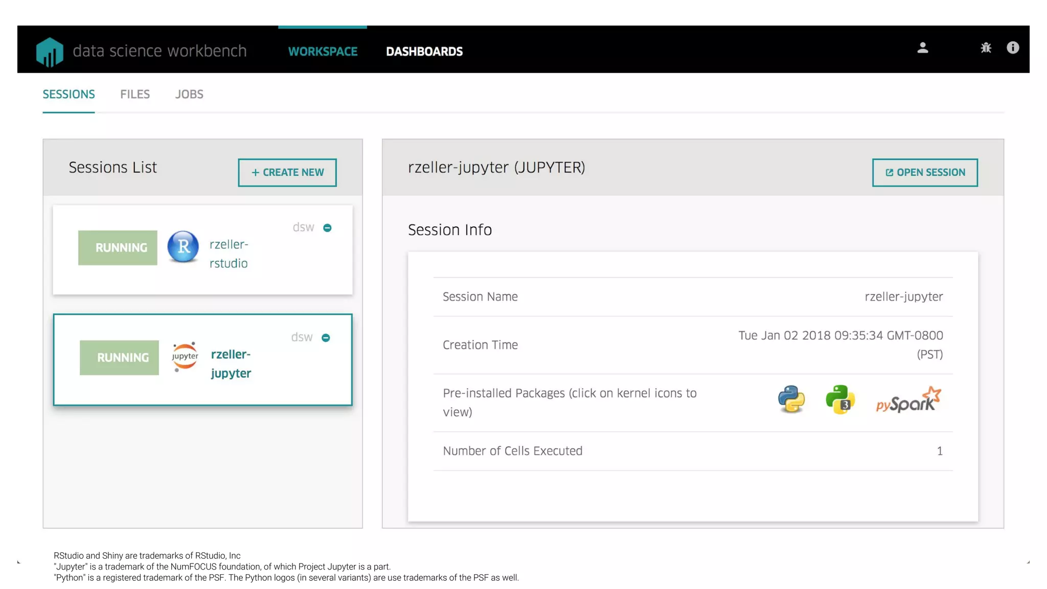 RStudio and Shiny are trademarks of RStudio, Inc
"Jupyter" is a trademark of the NumFOCUS foundation, of which Project Jupyter is a part.
"Python" is a registered trademark of the PSF. The Python logos (in several variants) are use trademarks of the PSF as well.
 