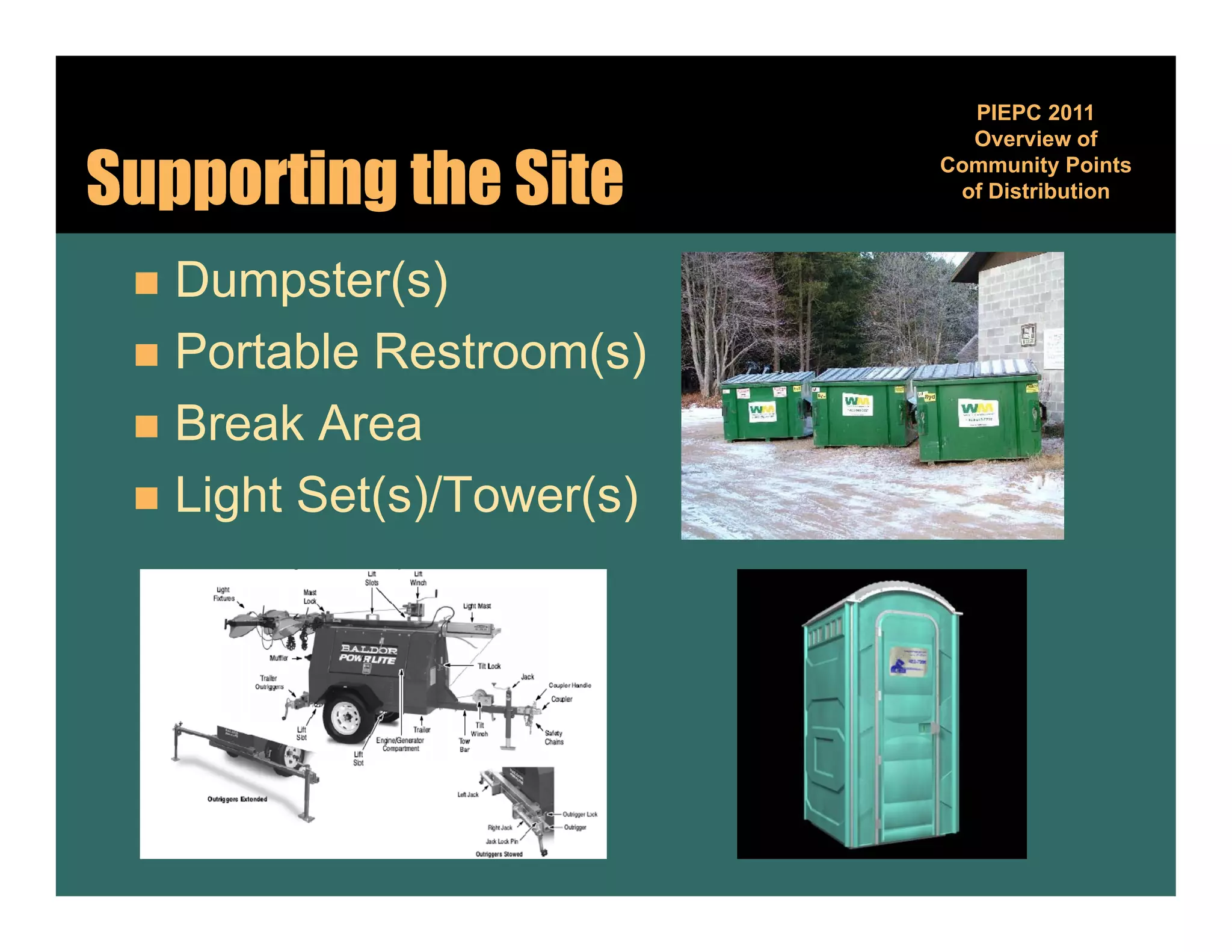 PIEPC 2011
                             Overview of

Supporting the Site        Community Points
                                     y
                            of Distribution



  Dumpster(s)
  Portable Restroom(s)
  Break Area
  Light Set(s)/Tower(s)
 