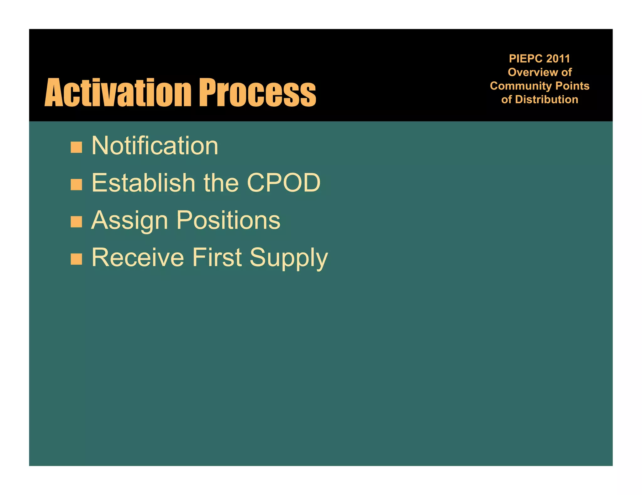 PIEPC 2011
                            Overview of

Activation Process        Community Points
                                    y
                           of Distribution



  Notification
  Establish the CPOD
  Assign Positions
  Receive First Supply
 
