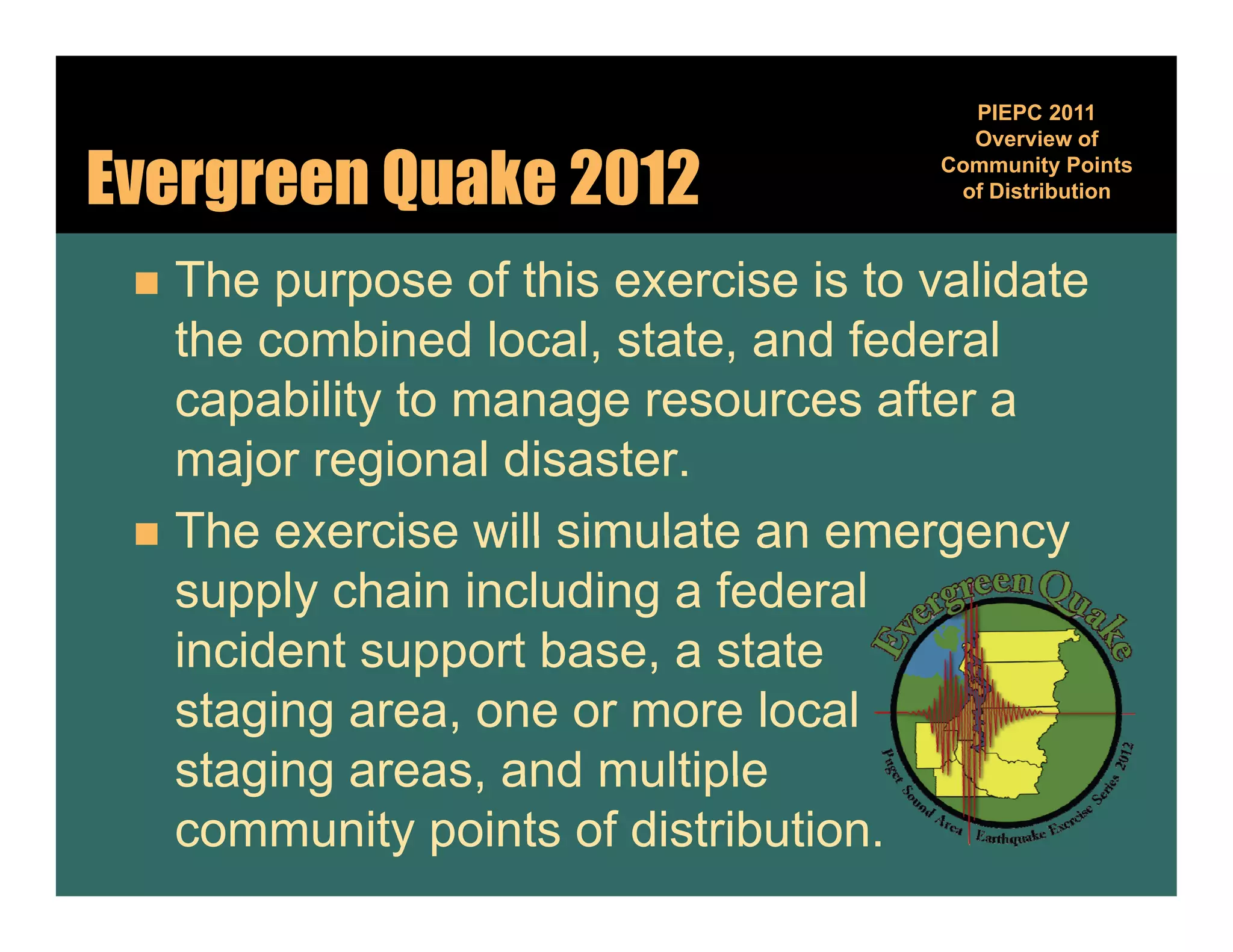 PIEPC 2011
                                         Overview of

Evergreen Quake 2012                   Community Points
                                                 y
                                        of Distribution



  The purpose of this exercise is to validate
   the combined local, state, and federal
   capability to manage resources after a
   major regional disaster.
  The exercise will simulate an emergency
   supply chain including a federal
   incident support base, a state
                    base
   staging area, one or more local
   staging areas and multiple
           areas,
   community points of distribution.
 