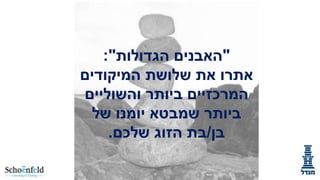 "
‫הגדולות‬ ‫האבנים‬
:"
‫המיקודים‬ ‫שלושת‬ ‫את‬ ‫אתרו‬
‫והשוליים‬ ‫ביותר‬ ‫המרכזיים‬
‫של‬ ‫יומנו‬ ‫שמבטא‬ ‫ביותר‬
‫בן‬
/
‫שלכם‬ ‫הזוג‬ ‫בת‬
.
 