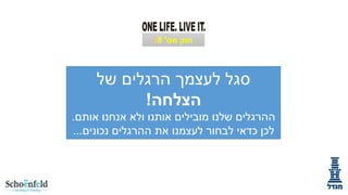 ‫חוק מס' 8:‬

‫סגל לעצמך הרגלים של‬
‫הצלחה!‬
‫ההרגלים שלנו מובילים אותנו ולא אנחנו אותם.‬
‫לכן כדאי לבחור לעצמנו את ההרגלים נכונים...‬

 