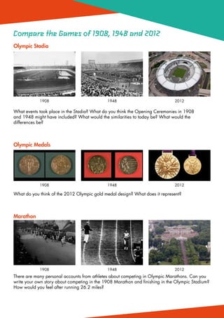 Compare the Games of 1908, 1948 and 2012
Olympic Stadia




	           1908	                            1948	                            2012

What events took place in the Stadia? What do you think the Opening Ceremonies in 1908
and 1948 might have included? What would the similarities to today be? What would the
differences be?




Olympic Medals




	           1908	                            1948	                            2012

What do you think of the 2012 Olympic gold medal design? What does it represent?




Marathon




	           1908	                            1948	                            2012
There are many personal accounts from athletes about competing in Olympic Marathons. Can you
write your own story about competing in the 1908 Marathon and finishing in the Olympic Stadium?
How would you feel after running 26.2 miles?
 