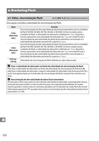222
U
Esta opção controla a velocidade de sincronização do flash.
e: Bracketing/Flash
e1: Veloc. sincronização flash Botão G § A Menu ajuste personalizado
Opção Descrição
1/320 s
(Plano focal
auto.)
Use sincronização de alta velocidade do plano focal automático com as unidades
de flash SB-900, SB-800, SB-700, SB-600, e SB-R200. Se forem usadas outras
unidades de flash, a velocidade do obturador é definida em 1/320 s. Quando a
câmara apresentar uma velocidade de obturador de 1/320 s em modo P ou A, a
sincronização de alta velocidade do plano focal automático será ativada se a
velocidade de obturador presente for superior a 1/320 s.
1/250 s
(Plano focal
auto.)
Use sincronização de alta velocidade do plano focal automático com as unidades
de flash SB-900, SB-800, SB-700, SB-600, e SB-R200. Se forem usadas outras
unidades de flash, a velocidade do obturador é definida em 1/250 s. Quando a
câmara apresentar uma velocidade de obturador de 1/250 s em modo P ou A, a
sincronização de alta velocidade do plano focal automático será ativada se a
velocidade de obturador presente for superior a 1/250 s.
1/250 seg. –
1/60 seg.
Velocidade de sincronização do flash definida no valor selecionado.
A Fixar a velocidade do obturador no limite da velocidade de sincronização do flash
Para fixar a velocidade do obturador no limite da velocidade de sincronização do flash S ou M,
selecione a velocidade de obturador a seguir à velocidade do obturador mais lenta possível (30 s
ou B). Será apresentado um X (indicador de sincronização do flash) no painel de controlo e no
visor.
A Sincronização de alta velocidade do plano focal automático
Permite que o flash seja usado na mais elevada velocidade de obturador suportada pela câmara,
tornando possível escolher a máxima abertura para uma reduzida profundidade de campo
mesmo quando o motivo está em contraluz sob pleno sol. O indicador de modo flash do ecrã de
informações apresenta “FP” quando estiver ativa a sincronização de alta velocidade do plano focal
automático (0 278).
 