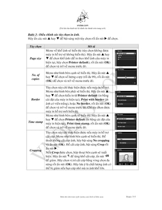 vnolas.com
(Ti li?u luu hnh n?i b? dnh cho thnh vin trang web)
Bc 3 : ieu chnh cac tuy chon in anh.
Hay an cac nut? hay? e bat sang mot tuy chon roi an nut? e chon.
Tuy chon Mo ta
Menu ve kho anh se hien th (tuy chon khong c
may in ho tr se khong hien th). Hay an nut? hay
? e chon kho anh (e in theo kho anh cua may inPage size
hien tai, hay chonPrinter default), roi an nut (OK )
e chon va tr ve menu trc o.
Menu nh hnh ben canh se hien th. Hay an nut?
No. of
hay? e chon so lng copy (toi a 99), roi an nut
copies
(OK ) e chon va tr ve menu trc o.
Tuy chon nay ch thc hien c neu may in ho tr.
Menu nh hnh ben phai se hien th. Hay an nut?
hay? e chon kieu in tPrinter default(in bang
Border cai at cua may in hien tai),Print with border(in
anh co vien trang), hoacNo border, roi an nut (OK )
e chon va tr ve menu trc o. Ch tuy chon c
may inho tr mi hien th.
Menu nh hnh ben canh se hien th. Hay an nut?
hay? e chonPrinter default(in bang cai at cua
Time stamp
may in hien tai),Print time stamp, roi an nut (OK )
e chon va tr ve menu trc o.
Tuy chon nay ch thc hien c neu may in ho tr
cat cup. Menu nh hnh ben canh se hien th. e
thoat khong cat cup anh, hay bat sangNo cropping
va an nut (OK ). e cat cup anh, bat sangCrop roi
an nut? .
Cropping
Neu Crop c chon, hop thoai ben canh se xuat
hien. Hay an nute tang kho cat cup, an nut
e giam. Hay chon v tr cat cup bang vong chon a
nang roi an nut (OK ). Hay lu y la chat lng anh co
the b giam neu ban cup nho ma in anh kho ln.
Bin t?p vin trang web vnolas.com d?ch vbin so?n Trang213213
 