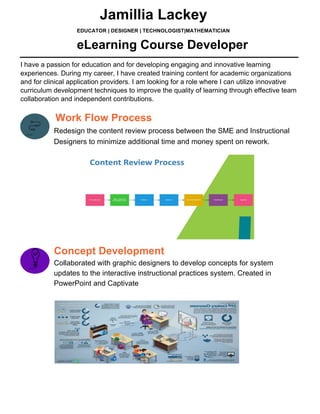 Jamillia Lackey
EDUCATOR | DESIGNER | TECHNOLOGIST|MATHEMATICIAN
eLearning Course Developer
I have a passion for education and for developing engaging and innovative learning
experiences. During my career, I have created training content for academic organizations
and for clinical application providers. I am looking for a role where I can utilize innovative
curriculum development techniques to improve the quality of learning through effective team
collaboration and independent contributions.
Work Flow Process
Redesign the content review process between the SME and Instructional
Designers to minimize additional time and money spent on rework.
Concept Development
Collaborated with graphic designers to develop concepts for system
updates to the interactive instructional practices system. Created in
PowerPoint and Captivate
 