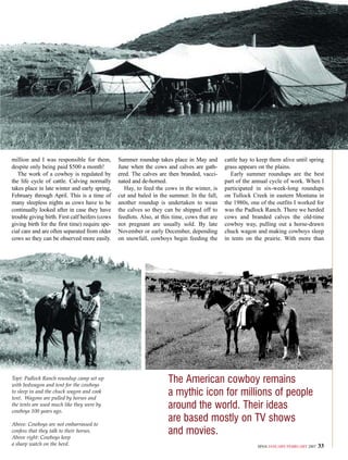 million and I was responsible for them,
despite only being paid $500 a month!
The work of a cowboy is regulated by
the life cycle of cattle. Calving normally
takes place in late winter and early spring,
February through April. This is a time of
many sleepless nights as cows have to be
continually looked after in case they have
trouble giving birth. First calf heifers (cows
giving birth for the first time) require spe-
cial care and are often separated from older
cows so they can be observed more easily.
Summer roundup takes place in May and
June when the cows and calves are gath-
ered. The calves are then branded, vacci-
nated and de-horned.
Hay, to feed the cows in the winter, is
cut and baled in the summer. In the fall,
another roundup is undertaken to wean
the calves so they can be shipped off to
feedlots. Also, at this time, cows that are
not pregnant are usually sold. By late
November or early December, depending
on snowfall, cowboys begin feeding the
cattle hay to keep them alive until spring
grass appears on the plains.
Early summer roundups are the best
part of the annual cycle of work. When I
participated in six-week-long roundups
on Tullock Creek in eastern Montana in
the 1980s, one of the outfits I worked for
was the Padlock Ranch. There we herded
cows and branded calves the old-time
cowboy way, pulling out a horse-drawn
chuck wagon and making cowboys sleep
in tents on the prairie. With more than
The American cowboy remains
a mythic icon for millions of people
around the world. Their ideas
are based mostly on TV shows
and movies.
SPAN JANUARY/FEBRUARY 2007 33
Topt: Padlock Ranch roundup camp set up
with bedwagon and tent for the cowboys
to sleep in and the chuck wagon and cook
tent. Wagons are pulled by horses and
the tents are used much like they were by
cowboys 100 years ago.
Above: Cowboys are not embarrassed to
confess that they talk to their horses.
Above right: Cowboys keep
a sharp watch on the herd.
 