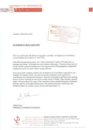 University Westminster Translation Certificate
