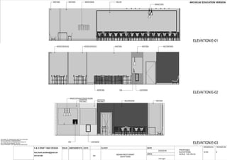 GSEducationalVersion
Plot Date:
DRAWN BY :
DANA PANI #Site Full Address
#Client Company
INTERNAL ELEVATIONS
PROJECT NAME :
DRAWING TITLE :
CLIENT :
SITE :
CHECKED BY :
PROJECT NO.
#Pln
#Client Full Address
#Client City, , #Client Postcode
P +#Client Phone Number | F +#Client Fax | E #Client E-mail
DRAWING NO.
13
REVISION NO.
Place your LOGO here
Place your own LOGO with the Figure Tool or link it
with the Drawing Tool 5/26/2016
#Contact Company
ABN #ABN
Address: #Contact Full Address
P +#Contact Phone Number | F +#Contact Fax | E #Contact E-mail |
W #Contact Web
General Notes
The Builder shall check all dimensions and levels on site prior to construction.
Notify any errors, discrepancies or omissions to the architect.
Drawings shall not be used for construction purposes until issued for construction.
Do not scale drawings.
All boundaries and contours subject to survey
H & S DRAFT AND DESIGN
harry.harsh.sachdeva@gmail.com
0451941088
DISCLAIMER: ALL DIMENSIONS MUST BE CHECKED
ON SITE BEFORE COMMENCEMENT
OF CONSTRUCTION OR MANUFACTURING OF
ANY ITEM OR EQUIPMENT. DO NOT
SCALE DRAWING. USE DIMENSIONS INDICATED.
AMENDMENTS
A3
CLIENT DATE
AREA
DRAWING NO. REVISON NO.
ISSUE DATE
WALL ART
PENDANT LIGHTS
SERVICE WINDOWPAINT FINISHPAINT FINISH
EXISTING CURTAIN WALL EXISTING CURTAIN WALL PAINT FINISH PAINT FINISH
LOGO SIGNAGE
WALL PAPER FINISH
POSWAITING AREA
PENDANT LIGHTS ABOVE THE RECEPTION DESK
EXISTING WALL
PAINT FINISH
EXISTING WALL
PAINT FINISH
POS LOGO SIGNAGE
WALL PAPER FINISH PAINT FINISH
ELEVATION E-01
ELEVATION E-02
ELEVATION E-03
H & S DRAFT AND DESIGN
harry.harsh.sachdeva@gmail.com
0451941088
AMENDMENTS
A3
INDIAN RESTURANT
0433715300
CLIENT DATE
AREA
22/5/2016
173 sqm
PROPOSED
ELEVATIONS
SCALE 1:50 ON A3
A103
DRAWING NO. REVISON NO.
ISSUE DATE
2
 