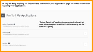 EP step 13: Keep applying for opportunities and monitor your applications page for update information
regarding your applications.
“Action Required” applications are applications that
have been accepted by AIESEC and are ready for the
contract signing
 