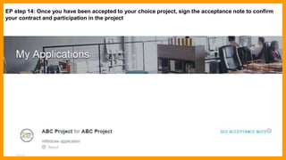 EP step 14: Once you have been accepted to your choice project, sign the acceptance note to confirm
your contract and participation in the project
“Action Required” applications are applications that
have been accepted by AIESEC and are ready for the
contract signing
 