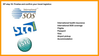EP step 16: Finalize and confirm your travel logistics:
International health insurance
International SOS coverage
Flights
Passport
Visa
Airport pickup
Accommodation
 