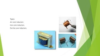 Types:
Air core inductors
Iron core inductors
Ferrite core inductors
 