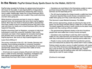 bizdevBRIEF
148
PayPal today revealed the ﬁndings of a global study that paints a
dim future for the wallet. A vast majority (83%) of respondents
across ﬁve countries indicated they wished they didn't have to
carry a wallet. Additionally, nearly one in three Americans (29%)
would choose a smartphone over a wallet if they could only bring
one item when going out.
While American consumers are keen to move to a digital
payment future, the businesses that serve them may be lagging
behind. More than two-thirds of Americans (68%) reported they
have been unable to pay for something because they didn't have
cash with them; for nearly one in three Americans (30%), this has
happened frequently.
PayPal is launching Cash for Registers, a program to help local
businesses to solve this consumer frustration. Next month,
merchants can trade in their registers for innovative technology
that will allow them to accept credit, debit card, check, and
PayPal payments. See more at: http://cashforregisters.com/.
Leave Home Without It
The survey, conducted in the U.S., UK, Canada, Germany and
Australia, found striking similarities in consumer frustration
across the globe. In each country, strong majorities of consumers
reported they wished they could leave their wallet at home.
Speciﬁc data points include:
-- Americans are in good company: 86 percent wish they could
leave a wallet at home; Germans, Canadians, Australians and
Brits agreed overwhelmingly (90%, 87%, 80% and 76%
respectively) that they'd like to leave a wallet at home;
-- Canadians are most likely to ﬁnd themselves unable to make a
purchase because they don't have cash with them (75%);
Germans are the least likely (57%);
-- The UK may be leading the charge towards a wallet-less future
- 32 percent reported they would choose a smartphone over a
wallet when going out if they could only bring one item.
This Summer's Least-Wanted Accessory: The Wallet
With summer approaching, people are planning for days at the
beach, but the study indicates taking a wallet isn't in their plans.
The beach topped the survey in every country as the place most
people wish they could go without a wallet.
-- The gym/exercising followed closely on the list of locations
people wish were wallet-free in every country surveyed;
-- Canadians were most likely to wish they didn't need their
wallet at a bar, while Germans and Americans were most likely to
wish they could attend concerts or sporting events wallet-free;
-- People in every country also listed the Laundromat, grocery
store and restaurants as places they wished didn't need a wallet.
Parking meters are also a source of wallet frustration with nearly
one in ﬁve (19%) Americans wishing they didn't need a wallet to
pay. Lucky for them, by using the ParkMobile app, PayPal
enables users to pay the parking meter with their smartphones,
reducing the need for spare change.
(Continue to next page)
In the News: PayPal Global Study Spells Doom for the Wallet, 05/21/13
 