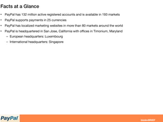 Facts at a Glance
• PayPal has 132 million active registered accounts and is available in 193 markets
• PayPal supports payments in 25 currencies
• PayPal has localized marketing websites in more than 80 markets around the world
• PayPal is headquartered in San Jose, California with oﬃces in Timonium, Maryland
– European headquarters: Luxembourg
– International headquarters: Singapore
 