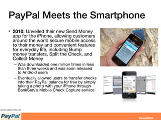 PayPal Meets the Smartphone
• 2010: Unveiled their new Send Money
app for the iPhone, allowing customers
around the world secure mobile access
to their money and convenient features
for everyday life, including Bump
money transfers, Split the Check, and
Collect Money
– Was downloaded one million times in less
than three weeks and was soon released
to Android users
– Eventually allowed users to transfer checks
into their PayPal balance for free by simply
taking a photo with your iPhone through
BankServ’s Mobile Check Capture service
Source: paypal-media.com
 