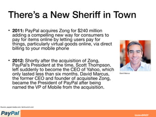 There’s a New Sheriff in Town
• 2011: PayPal acquires Zong for $240 million
adding a compelling new way for consumers to
pay for items online by letting users pay for
things, particularly virtual goods online, via direct
billing to your mobile phone
• 2012: Shortly after the acquisition of Zong,
PayPal’s President at the time, Scott Thompson,
left suddenly to become the CEO of Yahoo, which
only lasted less than six months. David Marcus,
the former CEO and founder of acquisitee Zong,
became the President of PayPal after being
named the VP of Mobile from the acquisition.
Source: paypal-media.com; techcrunch.com
David Marcus
 