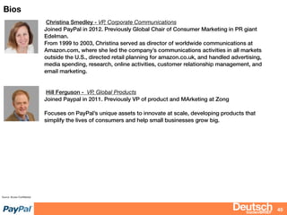 bizdevBRIEF
Bios
45
Source: Access Conﬁdential
Christina Smedley - VP, Corporate Communications
Joined PayPal in 2012. Previously Global Chair of Consumer Marketing in PR giant
Edelman.
From 1999 to 2003, Christina served as director of worldwide communications at
Amazon.com, where she led the company’s communications activities in all markets
outside the U.S., directed retail planning for amazon.co.uk, and handled advertising,
media spending, research, online activities, customer relationship management, and
email marketing.
Hill Ferguson - VP, Global Products
Joined Paypal in 2011. Previously VP of product and MArketing at Zong
Focuses on PayPal’s unique assets to innovate at scale, developing products that
simplify the lives of consumers and help small businesses grow big.
 