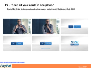 TV – ‘Keep all your cards in one place.’
• Part of PayPal’s ﬁrst ever national-ad campaign featuring Jeff Goldblum (Oct. 2012)
Source: http://www.youtube.com/watch?v=Wr-6cFGmFBM
 