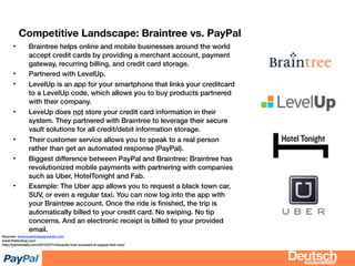 bizdevBRIEF
Competitive Landscape: Braintree vs. PayPal
• Braintree helps online and mobile businesses around the world
accept credit cards by providing a merchant account, payment
gateway, recurring billing, and credit card storage.
• Partnered with LevelUp.
• LevelUp is an app for your smartphone that links your creditcard
to a LevelUp code, which allows you to buy products partnered
with their company.
• LeveUp does not store your credit card information in their
system. They partnered with Braintree to leverage their secure
vault solutions for all credit/debit information storage.
• Their customer service allows you to speak to a real person
rather than get an automated response (PayPal).
• Biggest difference between PayPal and Braintree: Braintree has
revolutionized mobile payments with partnering with companies
such as Uber, HotelTonight and Fab.
• Example: The Uber app allows you to request a black town car,
SUV, or even a regular taxi. You can now log into the app with
your Braintree account. Once the ride is ﬁnished, the trip is
automatically billed to your credit card. No swiping. No tip
concerns. And an electronic receipt is billed to your provided
email.
Sources: www.braintreepayments.com
www.thelevelup.com
http://pandodaily.com/2012/07/14/exactly-how-screwed-is-paypal-hint-very/
 
