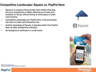 bizdevBRIEF
Competitive Landscape: Square vs. PayPal Here
• Square is a company that provides card readers that plug
into your smartphone or tablet, allowing you to take your
business on the go without having to worry about a credit
card machine.
• Competitive advantage over PayPal Here: a ﬂat processing
rate with no credit card transaction fee.
• Another advantage of Square: it operates better than PayPal
Here on older smartphone softwares.
• No background veriﬁcation or credit check
Sources: www.squareup.com
http://www.cardfellow.com/blog/paypal-here-vs-square/
 
