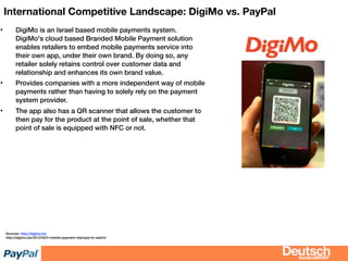bizdevBRIEF
International Competitive Landscape: DigiMo vs. PayPal
• DigiMo is an Israel based mobile payments system.
DigiMo's cloud based Branded Mobile Payment solution
enables retailers to embed mobile payments service into
their own app, under their own brand. By doing so, any
retailer solely retains control over customer data and
relationship and enhances its own brand value.
• Provides companies with a more independent way of mobile
payments rather than having to solely rely on the payment
system provider.
• The app also has a QR scanner that allows the customer to
then pay for the product at the point of sale, whether that
point of sale is equipped with NFC or not.
Sources: http://digimo.biz
http://digimo.biz/2012/03/4-mobile-payment-startups-to-watch/
 
