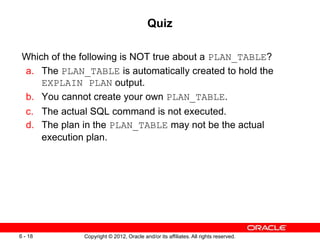 Copyright © 2012, Oracle and/or its affiliates. All rights reserved.
6 - 18
Quiz
Which of the following is NOT true about a PLAN_TABLE?
a. The PLAN_TABLE is automatically created to hold the
EXPLAIN PLAN output.
b. You cannot create your own PLAN_TABLE.
c. The actual SQL command is not executed.
d. The plan in the PLAN_TABLE may not be the actual
execution plan.
 