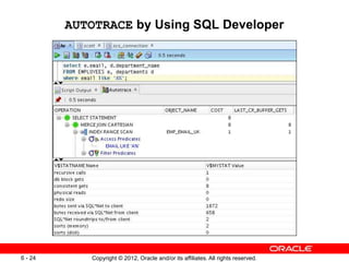 Copyright © 2012, Oracle and/or its affiliates. All rights reserved.
6 - 24
AUTOTRACE by Using SQL Developer
 
