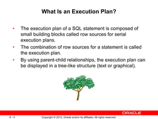 Copyright © 2012, Oracle and/or its affiliates. All rights reserved.
6 - 3
What Is an Execution Plan?
• The execution plan of a SQL statement is composed of
small building blocks called row sources for serial
execution plans.
• The combination of row sources for a statement is called
the execution plan.
• By using parent-child relationships, the execution plan can
be displayed in a tree-like structure (text or graphical).
 