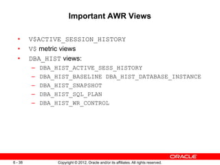 Copyright © 2012, Oracle and/or its affiliates. All rights reserved.
6 - 38
Important AWR Views
• V$ACTIVE_SESSION_HISTORY
• V$ metric views
• DBA_HIST views:
– DBA_HIST_ACTIVE_SESS_HISTORY
– DBA_HIST_BASELINE DBA_HIST_DATABASE_INSTANCE
– DBA_HIST_SNAPSHOT
– DBA_HIST_SQL_PLAN
– DBA_HIST_WR_CONTROL
 