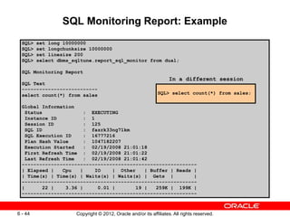 Copyright © 2012, Oracle and/or its affiliates. All rights reserved.
6 - 44
SQL Monitoring Report: Example
SQL> set long 10000000
SQL> set longchunksize 10000000
SQL> set linesize 200
SQL> select dbms_sqltune.report_sql_monitor from dual;
SQL Monitoring Report
SQL Text
--------------------------
select count(*) from sales
Global Information
Status : EXECUTING
Instance ID : 1
Session ID : 125
SQL ID : fazrk33ng71km
SQL Execution ID : 16777216
Plan Hash Value : 1047182207
Execution Started : 02/19/2008 21:01:18
First Refresh Time : 02/19/2008 21:01:22
Last Refresh Time : 02/19/2008 21:01:42
------------------------------------------------------------
| Elapsed | Cpu | IO | Other | Buffer | Reads |
| Time(s) | Time(s) | Waits(s) | Waits(s) | Gets | |
------------------------------------------------------------
| 22 | 3.36 | 0.01 | 19 | 259K | 199K |
------------------------------------------------------------
SQL> select count(*) from sales;
In a different session
 
