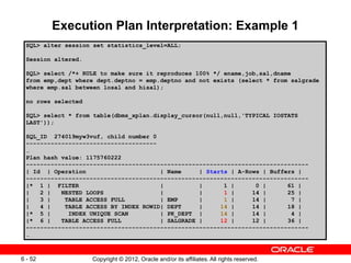 Copyright © 2012, Oracle and/or its affiliates. All rights reserved.
6 - 52
Execution Plan Interpretation: Example 1
SQL> alter session set statistics_level=ALL;
Session altered.
SQL> select /*+ RULE to make sure it reproduces 100% */ ename,job,sal,dname
from emp,dept where dept.deptno = emp.deptno and not exists (select * from salgrade
where emp.sal between losal and hisal);
no rows selected
SQL> select * from table(dbms_xplan.display_cursor(null,null,'TYPICAL IOSTATS
LAST'));
SQL_ID 274019myw3vuf, child number 0
-------------------------------------
…
Plan hash value: 1175760222
--------------------------------------------------------------------------------
| Id | Operation | Name | Starts | A-Rows | Buffers |
--------------------------------------------------------------------------------
|* 1 | FILTER | | 1 | 0 | 61 |
| 2 | NESTED LOOPS | | 1 | 14 | 25 |
| 3 | TABLE ACCESS FULL | EMP | 1 | 14 | 7 |
| 4 | TABLE ACCESS BY INDEX ROWID| DEPT | 14 | 14 | 18 |
|* 5 | INDEX UNIQUE SCAN | PK_DEPT | 14 | 14 | 4 |
|* 6 | TABLE ACCESS FULL | SALGRADE | 12 | 12 | 36 |
--------------------------------------------------------------------------------
…
 