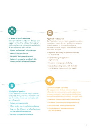 Application Services
Our Application Services team provides innovative
consultancy, expert delivery and lifetime support
on a wide range of Ricoh and third party
software tools that support your business-critical
workflows. You get:
•	 Improved marketing or operational return
	 on investment
•	 Faster delivery of application 			
	deployments
•	 Increased employee productivity
•	 Reduced operating costs, with flexibility 		
	 over ongoing management and support
IT Infrastructure Services
Ricoh provides standardised IT delivery and
support services that address the needs of
small, medium and enterprise organisations.
So no matter your size, you get:
•	 Higher performing IT infrastructure
•	 Reduced operating costs
•	 Flexible IT delivery and support
•	 Reduced complexity, with Ricoh able
	to provide fully-integrated support
Communication Services
We support more flexible, convenient and
efficient information-sharing and collaboration
between employees, partners and stakeholders,
using industry-leading technology. You gain from:
•	 Improved communication and collaboration
•	 Increased business agility and productivity
•	 Reduced travel time and expenditure
•	 Closer links with remote employees
	 and stakeholders
Workplace Services
Ricoh’s Workplace Services help customers
raise productivity and make more efficient
use of meeting rooms and workspace. We
can help you to:
•	 Reduce workspace costs
•	 Make better use of available workspace
•	 Improve the efficiency of office functions,
	 such as scheduling meetings
•	 Increase employee productivity
5
 