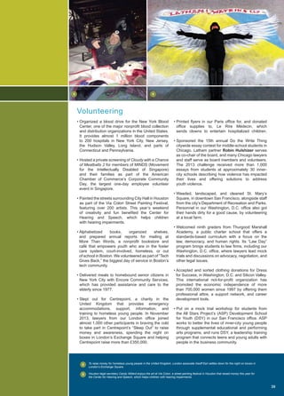 • Printed flyers in our Paris office for, and donated
office supplies to, Le Rire Médecin, which
sends clowns to entertain hospitalized children.
• Sponsored the 15th annual Do the Write Thing
citywide essay contest for middle-school students in
Chicago. Latham partner Robin Hulshizer serves
as co-chair of the board, and many Chicago lawyers
and staff serve as board members and volunteers.
The 2013 challenge received more than 1,000
essays from students at approximately 30 inner-
city schools describing how violence has impacted
their lives and offering solutions to address
youth violence.
• Weeded, landscaped, and cleaned St. Mary’s
Square, in downtown San Francisco, alongside staff
from the city’s Department of Recreation and Parks.
Personnel in our Washington, D.C. office also got
their hands dirty for a good cause, by volunteering
at a local farm.
• Welcomed ninth graders from Thurgood Marshall
Academy, a public charter school that offers a
standards-based curriculum with a focus on the
law, democracy, and human rights. Its “Law Day”
program brings students to law firms, including our
Washington, D.C. office, where lawyers lead mock
trials and discussions on advocacy, negotiation, and
other legal issues.
• Accepted and sorted clothing donations for Dress
for Success, in Washington, D.C. and Silicon Valley.
This international not-for-profit organization has
promoted the economic independence of more
than 700,000 women since 1997 by offering them
professional attire, a support network, and career
development tools.
• Put on a mock trial workshop for students from
the All Stars Project’s (ASP) Development School
for Youth (DSY) in our San Francisco office. ASP
works to better the lives of inner-city young people
through supplemental educational and performing
arts programs, and runs DSY, a leadership training
program that connects teens and young adults with
people in the business community.
• Organized a blood drive for the New York Blood
Center, one of the major nonprofit blood collection
and distribution organizations in the United States.
It provides almost 1 million blood components
to 200 hospitals in New York City, New Jersey,
the Hudson Valley, Long Island, and parts of
Connecticut and Pennsylvania.
• Hosted a private screening of Cloudy with a Chance
of Meatballs 2 for members of MINDS (Movement
for the Intellectually Disabled of Singapore)
and their families as part of the American
Chamber of Commerce’s Corporate Community
Day, the largest one-day employee volunteer
event in Singapore.
• Painted the streets surrounding City Hall in Houston
as part of the Via Colori Street Painting Festival,
featuring over 200 artists. This year’s weekend
of creativity and fun benefited the Center for
Hearing and Speech, which helps children
with hearing impairments.
• Alphabetized books, organized shelves,
and prepared annual reports for mailing at
More Than Words, a nonprofit bookstore and
café that empowers youth who are in the foster
care system, court-involved, homeless, or out
of school in Boston. We volunteered as part of “Tech
Gives Back,” the biggest day of service in Boston’s
tech community.
• Delivered meals to homebound senior citizens in
New York City with Encore Community Services,
which has provided assistance and care to the
elderly since 1977.
• Slept out for Centrepoint, a charity in the
United Kingdom that provides emergency
accommodations, support, information, and
training to homeless young people. In November
2013, lawyers from our London office joined
almost 1,000 other participants in braving the cold
to take part in Centrepoint’s “Sleep Out” to raise
money and awareness, spending the night on
boxes in London’s Exchange Square and helping
Centrepoint raise more than £350,000.
Volunteering
To raise money for homeless young people in the United Kingdom, London associate Geoff Earl settles down for the night on boxes in
London’s Exchange Square.
Houston legal secretary Candy Willard enjoys the art at Via Colori, a street painting festival in Houston that raised money this year for
the Center for Hearing and Speech, which helps children with hearing impairments.
9
39
8
8
9
 
