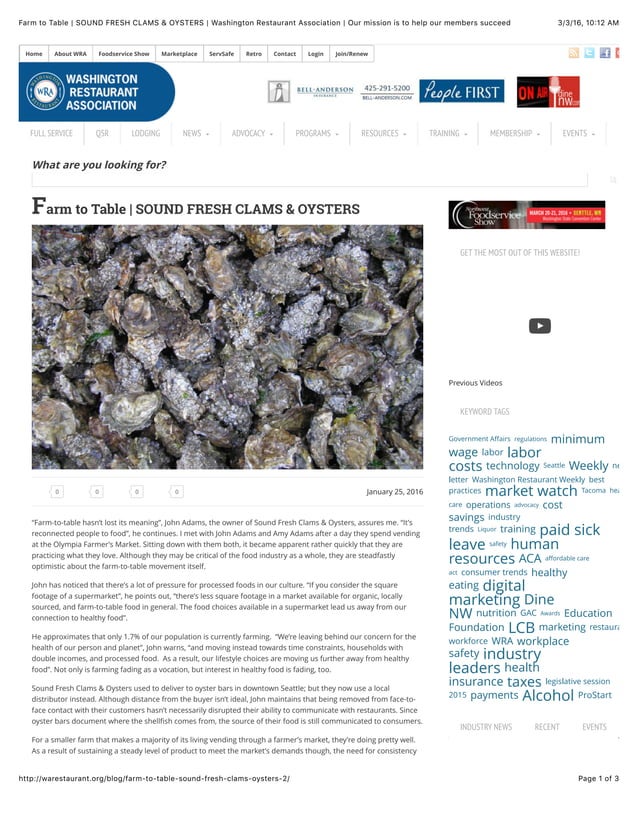 Farm to Table 3 SOUND FRESH CLAMS & OYSTERS Washington Restaurant