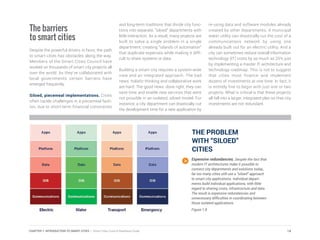 The barriers
to smart cities
Despite the powerful drivers in favor, the path
to smart cities has obstacles along the way.
Members of the Smart Cities Council have
worked on thousands of smart city projects all
over the world. As they’ve collaborated with
local governments certain barriers have
emerged frequently.
Siloed, piecemeal implementations. Cities
often tackle challenges in a piecemeal fash-
ion, due to short-term financial constraints
and long-term traditions that divide city func-
tions into separate, “siloed” departments with
little interaction. As a result, many projects are
built to solve a single problem in a single
department, creating “islands of automation”
that duplicate expenses while making it diffi-
cult to share systems or data.
Building a smart city requires a system-wide
view and an integrated approach. The bad
news: holistic thinking and collaborative work
are hard. The good news: done right, they can
save time and enable new services that were
not possible in an isolated, siloed model. For
instance, a city department can drastically cut
the development time for a new application by
re-using data and software modules already
created by other departments. A municipal
water utility can drastically cut the cost of a
communications network by using one
already built out for an electric utility. And a
city can sometimes reduce overall information
technology (IT) costs by as much as 25% just
by implementing a master IT architecture and
technology roadmap. This is not to suggest
that cities must finance and implement
dozens of investments at one time. In fact, it
is entirely fine to begin with just one or two
projects. What is critical is that these projects
all fall into a larger, integrated plan so that city
investments are not redundant.
THE PROBLEM
WITH “SILOED”
CITIES
Expensive redundancies. Despite the fact that
modern IT architectures make it possible to
connect city departments and solutions today,,
far too many cities still use a “siloed” approach
to smart city applications. Individual depart-
ments build individual applications, with little
regard to sharing costs, infrastructure and data.
The result is expensive redundancies and
unnecessary difficulties in coordinating between
those isolated applications.
Figure 1.8
14CHAPTER 1: INTRODUCTION TO SMART CITIES | Smart Cities Council Readiness Guide
 