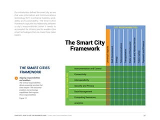 Our introduction defined the smart city as one
that uses information and communications
technology (ICT) to enhance livability, work-
ability and sustainability. The Smart Cities
Framework captures this relationship between
a city’s responsibilities (what it needs to
accomplish for citizens) and its enablers (the
smart technologies that can make those tasks
easier).
THE SMART CITIES
FRAMEWORK
Aligning responsibilities
and enablers.
The vertical responsibilities
denote essential services that
cities require. The horizontal
enablers are technology
capabilities that improve
those responsibilities.
Figure 2.1
22CHAPTER 2: HOW TO USE THE READINESS GUIDE | Smart Cities Council Readiness Guide
 