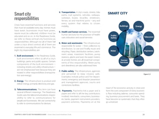 CHAPTER 2: HOW TO USE THE READINESS GUIDE | Smart Cities Council Readiness Guide 23
Smart city
responsibilities
Cities have essential functions and services
that must be available every day. Homes must
have water, businesses must have power,
waste must be collected, children must be
educated and so on. In the Readiness Guide,
we refer to these vertical city functions as
responsibilities. Although not all of them fall
under a city’s direct control, all of them are
essential to everyday life and commerce. The
eight city responsibilities are:
1.	Built environment. In the Readiness Guide,
built environment refers to all of a city’s
buildings, parks and public spaces. Certain
components of the built environment –
including streets and utility infrastructure –
are not emphasized here because they are
treated in other responsibilities (transporta-
tion and energy).
2.	Energy. The infrastructure to produce and
deliver energy, primarily electricity and gas.
3.	Telecommunications. This term can have
several different meanings. The Readiness
Guide uses the telecommunications respon-
sibility to refer to communications for
people and businesses. We use connectivity
to refer to communications for devices.
4.	Transportation. A city’s roads, streets, bike
paths, trail systems, vehicles, railways,
subways, buses, bicycles, streetcars,
ferries, air and maritime ports – any and
every system that relates to citizen
mobility.
5.	Health and human services. The essential
human services for the provision of health
care, education and social services.
6.	Water and wastewater. The infrastructure
responsible for water – from collection to
distribution, to use and finally reuse and
recycling. Pipes, distribution centers, catch-
ment areas, treatment facilities, pump
stations, plants and even the water meters
at private homes are all essential compo-
nents of this responsibility. Water purity
and cleanliness are also addressed here.
7.	Public safety. The infrastructure, agencies
and personnel to keep citizens safe.
Examples include police and fire depart-
ments, emergency and disaster prevention
and management agencies, courts and
corrections facilities.
8. Payments. Payments link a payer and a
payee and refer to all the key contributors
involved: merchants, consumers, business-
es, banks, payment instruments providers,
payment schemes. Payments sit at the
Figure 2.2
Buildings
Public
Safety
Energy
Telecomm
TransportHuman
Services
Water
SMART CITY
heart of the economic activity in cities and
form the core component of every econom-
ic flow including salaries, consumer spend-
ing, business procurement and taxes. They
have become so systematic that they often
go unnoticed.
Payments
 
