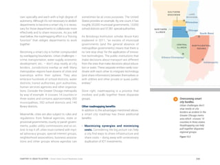 own specialty and each with a high degree of
autonomy. Although it’s not necessary to abolish
departments to become a smart city, it is neces-
sary for those departments to collaborate more
effectively and to share resources. As you will
read below, the roadmapping effort is a “forcing
function” that obliges departments to work
together.
Becoming a smart city is further compounded
by overlapping boundaries. Urban challenges –
crime, transportation, water supply, economic
development, etc. – don’t stop neatly at city
borders. Jurisdictions overlap as well. Many
metropolitan regions have dozens of cities and
townships within their sphere. They also
embrace hundreds of school districts, water
districts, transit authorities, port authorities,
human services agencies and other organiza-
tions. Consider the Greater Chicago metropolis
by way of example. It crosses 14 counties in
three states and contains approximately 350
municipalities, 350 school districts and 140
library districts.
Meanwhile, cities are also subject to rules and
regulations from federal agencies, state or
provincial governments, county or parish govern-
ments, public utility commissions and so on.
And, to top it off, cities must contend with myri-
ad advocacy groups, special interest groups,
neighborhood associations, business associa-
tions and other groups whose agendas can
sometimes be at cross purposes. The United
States provides an example. By one count, it has
roughly 20,000 municipal governments, 13,000
school districts and 37,381 special authorities.
As Brookings Institution scholar Bruce Katz
explained in 2011, “an excess of municipal
governments (and the general absence of
metropolitan governments) means that there is
no ‘one stop shop’ for the application of innova-
tive technologies. The public institutions that
make decisions about transport are different
from the ones that make decisions about educa-
tion or water. These separate entities rarely coor-
dinate with each other to integrate technology
(and share information) between themselves or
with utilities and other private or quasi public
entities.”
Done right, roadmapping is a process that
involves and pulls together these disparate
groups.
Other roadmapping benefits
In addition to the advantages mentioned above,
a smart city roadmap has these additional
benefits:
•	 Maximizing synergies and minimizing
costs. Considering the big picture can help
a city find ways to share infrastructure and
share costs – doing away with unnecessary
duplication of ICT investments.
Overcoming smart
city hurdles.
Urban challenges don’t
stop neatly at city
borders as evident in the
Greater Chicago metro
area which crosses 14
counties in three states.
Roadmapping can help
pull together disparate
regional groups.
Figure 13.2
243CHAPTER 13: IDEAS TO ACTION | Smart Cities Council Readiness Guide
 