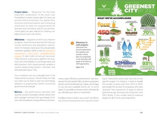 Project plans – “blueprints” for the most
important components of the smart city.
Possibilities include master plans for land use
and the built environment; for digital infra-
structure (communications and computing
resources); for data; for transportation; for
business and commerce, and for city services.
These plans are also helpful for creating visi-
bility around smart city drivers.
Milestones – waypoints at which you measure
progress, share lessons learned and discuss
course corrections and strengthen commit-
ment. For instance, Vancouver has annual imple-
mentation updates. (Click to view an overview of
Vancouver’s 2011-2012 Implementation
Update.) It also holds an annual Vancouver
Cities Summit, a discussion platform for busi-
ness and urban leaders to exchange ideas and
best practices. And it issues periodic updates in
various media to keep citizens informed and
enthused (see Figure 13.4)
Your residents can be a valuable tool in the
measurement process. Social media can help
you reach out to them to see how technology
adoption is progressing, further connecting
government and people.
Metrics – key performance indicators that
quantify success. Examples include carbon foot-
print, average commute time, percentage of citi-
zens with broadband, energy efficiency achieve-
Milestones to
mark progress.
Vancouver has
annual implementa-
tion updates and
monitors what’s
been accomplished
so far and what still
needs to be done as
2020 approaches
Figure 13.4
ments, water efficiency achievements, new busi-
nesses formed, patents filed, students graduated,
doctors and hospital beds per capita, percentage
of city services available online, etc. In some
cases, it is possible to choose metrics that also let
you calculate your return on investment.
Installing metrics early in your smart city efforts
can ensure transparency and improve citizen
buy-in. Vancouver’s action plan has a list of very
specific targets. For instance, it seeks to double
the number of green jobs from 2010 to 2020,
and double the number of companies who have
“greened” their operations. It seeks to reduce
greenhouse gas emissions by 33 percent over
2007 levels. It has similar easy-to-measure
targets for all 10 of its sub-components.
245CHAPTER 13: IDEAS TO ACTION | Smart Cities Council Readiness Guide
 