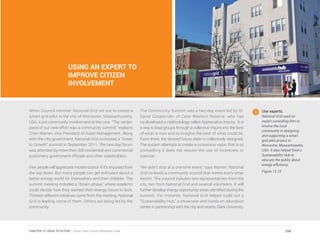 USING AN EXPERT TO
IMPROVE CITIZEN
INVOLVEMENT
When Council member National Grid set out to create a
smart grid pilot in the city of Worcester, Massachusetts,
USA, it put community involvement at the core. “The center-
piece of our new effort was a community summit,” explains
Cheri Warren, Vice President of Asset Management. Along
with the city government, National Grid co-hosted a “Green
to Growth” summit in September 2011. The two-day forum
was attended by more than 300 residential and commercial
customers, government officials and other stakeholders.
Few people will appreciate modernization if it’s imposed from
the top down. But many people can get enthused about a
better energy world for themselves and their children. The
summit meeting included a “dream phase,” where residents
could decide how they wanted their energy future to look.
Thirteen different initiatives came from the meeting. National
Grid is leading some of them. Others are being led by the
community.
The Community Summit was a two-day event led by Dr.
David Cooperrider of Case Western Reserve, who has
co-developed a methodology called Appreciative Inquiry. It is
a way to lead groups through a collective inquiry into the best
of what is now and to imagine the best of what could be.
From there, the desired future state is collectively designed.
The system attempts to create a consensus vision that is so
compelling it does not require the use of incentives or
coercion.
“We didn’t stop at a one-time event,” says Warren. National
Grid co-leads a community council that meets every other
month. The council includes two representatives from the
city, two from National Grid and several volunteers. It will
further develop energy opportunity areas identified during the
summit. For instance, National Grid helped build out a
“Sustainability Hub,” a showcase and hands-on education
center in partnership with the city and nearby Clark University.
Use experts.
National Grid used an
expert consulting firm to
involve the local
community in designing
and supporting a smart
grid pilot project in
Worcester, Massachusetts,
USA. It also helped fund a
Sustainability Hub to
educate the public about
energy efficiency.
Figure 13.15
258CHAPTER 13: IDEAS TO ACTION | Smart Cities Council Readiness Guide
 