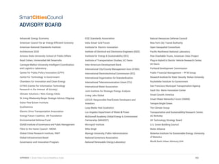 ADVISORY BOARD
Advanced Energy Economy
American Council for an Energy-Efficient Economy
American National Standards Institute
Architecture 2030
Arizona State University School of Public Affairs
Boyd Cohen, Universidad del Desarrollo
Carnegie Mellon University Intelligent Coordination
and Logistics Laboratory
Center for Public Policy Innovation (CPPI)
Center for Technology in Government
Chambers for Innovation and Clean Energy
CITRIS (Center for Information Technology
Research in the Interest of Society)
Climate Solutions / New Energy Cities
Dr. Irving Wladawsky-Berger Strategic Advisor, Citigroup
Dubai Real Estate Institute
EcoDistricts
Electric Drive Transportation Association
Energy Future Coalition, UN Foundation
Environmental Defense Fund
ESADE Institute of Governance and Public Management
Fibre to the Home Council - MENA
Global Cities Research Institute, RMIT
Global Infrastructure Basel
Governance and Innovation Program
IEEE Standards Association
India Smart Grid Forum
Institute for Electric Innovation
Institute of Electrical and Electronics Engineers (IEEE)
Institute for Energy & Sustainability (IES)
Institute of Transportation Studies, UC Davis
Inter-American Development Bank
International City/County Management Assn (ICMA)
International Electrotechnical Commission (IEC)
International Organization for Standardization
International Telecommunication Union (ITU)
International Water Association
Joint Institute for Strategic Energy Analysis
Living Labs Global
LOCUS: Responsible Real Estate Developers and
Investors
Loop Media Hub Ecodistrict
Los Angeles Department of Water & Power
McDonnell Academy Global Energy & Environment
Partnership (MAGEEP)
Microgrid Institute
Mike Singh
Myongji University, Public Administration
National Governors Association
National Renewable Energy Laboratory
Natural Resources Defense Council
New York City Transit Authority
Open Geospatial Consortium
Pacific Northwest National Laboratory
Pew Charitable Trusts, American Cities Project
Plug-in Hybrid & Electric Vehicle Research Center,
UC Davis
Portland Development Commission
Public Financial Management – PFM Group
Research Institute for Water Security, Wuhan University
Rockefeller Institute for Government
San Francisco Municipal Transportation Agency
Sault Ste. Marie Innovation Center
Smart Growth America
Smart Water Networks Forum (SWAN)
Terrapin Bright Green
The Climate Group
Transportation and Sustainability Research Center,
UC Berkeley
UK Technology Strategy Board
U.S. Green Building Council
Water Alliance
Waterloo Institute for Sustainable Energy, University
of Waterloo
World Bank Urban Advisory Unit
SmartCitiesCouncil
291APPENDIX | Smart Cities Council Readiness Guide
 