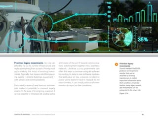Prioritize legacy investments. No city can
afford to rip out its current infrastructure and
replace everything from scratch. Priority must
go to making the most of existing invest-
ments. Typically, that means retrofitting exist-
ing assets — streets, buildings, equipment —
with sensors and communications.
Fortunately, a wave of new, low-cost technolo-
gies makes it possible to connect legacy
assets. In the area of emergency response, it
is now possible to integrate old, analog radios
with state-of-the-art IP-based communica-
tions, stitching them together into a seamless
network. Likewise, a city government can
often find ways to continue using old software
by sending its data to new software modules
that add value on top. Likewise, an electric
power utility doesn’t have to replace its old
transformers, it can simply add transformer
monitors to report on their conditions.
Prioritize legacy
investments.
Council member Grid20/20,
produces an inexpensive
monitor that can be
attached to existing
transformers to collect
important information about
their conditions. In similar
fashion, many legacy assets
and investments can be
connected to the smart city.
Figure 3.14
46CHAPTER 3: UNIVERSAL | Smart Cities Council Readiness Guide
 