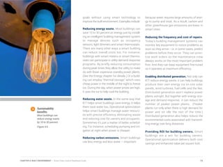 goals without using smart technology to
improve the built environment. Examples include:
Reducing energy waste. Most buildings can
save 10 to 30 percent on energy just by install-
ing an intelligent building management system
to manage devices such as occupancy
sensors, light dimmers and smart thermostats.
There are many other ways a smart building
can reduce overall costs too. For instance,
buildings with smart meters or smart thermo-
stats can participate in utility demand response
programs. By briefly reducing consumption
during peak times they allow the utility to make
do with fewer expensive standby power plants.
(See the Energy chapter for details.) Or a build-
ing can employ “thermal storage,” which uses
cheap power in the middle of the night to freeze
ice. During the day, when power prices are high,
it uses the ice to help cool the building.
Reducing water waste. In the same way that
ICT helps smart buildings save energy, it helps
them save water too. Operational optimization
helps smart buildings manage water resourc-
es with precise efficiency, eliminating waste
and reducing cost for owners and occupants.
Sometimes it’s just a matter of better schedul-
ing. For instance, scheduling pumping and irri-
gation at night when power is cheaper.
Reducing carbon emissions. Smart buildings
use less energy and less water – important
because water requires large amounts of ener-
gy to pump and treat. As a result, carbon and
other greenhouse gas emissions are lower in
smart cities.
Reducing the frequency and cost of repairs.
Today’s building management systems can
monitor key equipment to notice problems as
soon as they arrive -- or, in some cases, predict
problems before they occur. They can priori-
tize work orders so the maintenance crew
always works on the most important problem
first. And they can keep equipment fine-tuned
so it operates at maximum efficiency.
Enabling distributed generation. Not only can
ICT reduce energy waste, it can help buildings
produce their own energy via on-site solar
panels, wind turbines, fuel cells and the like.
Distributed generation won’t replace power
plants outright. But together with energy stor-
age and demand response, it can reduce the
number of peaker power plants. (Peaker
plants run only when there is high demand for
power and sit idle the rest of the time.)
Distributed generation also helps reduce the
environmental costs associated with transmit-
ting energy over long distances.
Providing ROI for building owners. Smart
buildings are a win for building owners.
Operational optimization delivers both cost
savings and enhanced value per square foot.
Sustainability
benefits.
Most buildings can
reduce energy waste
by 10 to 30 percent.
Figure 4.6
73CHAPTER 4: BUILT ENVIRONMENT | Smart Cities Council Readiness Guide
 