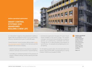 Achieve operational optimization:
SMART CONTROL
SYSTEMS GIVE
ABANDONED
BUILDING A NEW LIFE
An “intervention” staged at a long-abandoned building in
Molise, Italy was designed to bring it up to current energy
efficiency standards and to give it a useful life again.
Toward that end, Council member ABB provided a build-
ing automation system based on the international KNX
standard with functions including:
•	 Modifying lighting based on the presence of people in
different settings and the level of natural lighting.
•	 Controlling air conditioning based on the presence of
people in different settings, window opening and solar
radiation.
•	 Control and supervision through a PC and a Touch
Panel installed in the porter’s lodge. The system
manages internal and external lighting, occupancy
sensors, air conditioning, sunshades and more.
Through the PC it is also possible to pre-program on
and off times, for example external lighting and corri-
dor lighting.
For the lighting system alone, the estimated electricity
saving is about 50-60 MWh, corresponding to a saving
of about 10,000 Euros (roughly $13,000).
Achieve operational
optimization.
A long abandoned
building in Molise,
Italy served as a
proving ground for
smart control
systems to meet
energy efficiency
mandates.
Figure 4.13
81CHAPTER 4: BUILT ENVIRONMENT | Smart Cities Council Readiness Guide
 