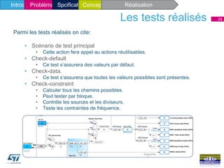 Les tests réalisés 24
Parmi les tests réalisés on cite:
• Scénario de test principal
• Cette action fera appel au actions réutilisables.
• Check-default
• Ce test s’assurera des valeurs par défaut.
• Check-data.
• Ce test s’assurera que toutes les valeurs possibles sont présentes.
• Check-constraint
• Calculer tous les chemins possibles.
• Peut tester par bloque.
• Contrôle les sources et les diviseurs.
• Teste les contraintes de fréquence.
Introduction généraleIntroduction généraleProblématique et solutionProblématique et solutionIntroduction généraleProblématique et solutionProblématique et solutionConceptionIntroduction généraleProblématique et solutionSpcificatiatique et solutionConception Réalisation
 