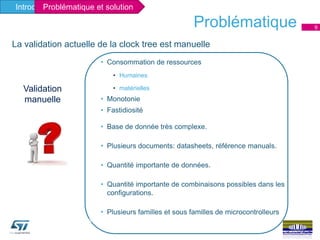 9
Ecosystème
La validation actuelle de la clock tree est manuelle
• Consommation de ressources
• Humaines
• matérielles
• Monotonie
• Fastidiosité
• Base de donnée très complexe.
• Plusieurs documents: datasheets, référence manuals.
• Quantité importante de données.
• Quantité importante de combinaisons possibles dans les
configurations.
• Plusieurs familles et sous familles de microcontrolleurs
Validation
manuelle
Problématique
Introduction généraleProblématique et solution
 
