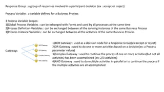 Gateways
1)XOR Gateway : used as a decision node for a Response Group(ex:accept or reject)
2)OR Gateway : used to do one or more activities based on a decision(ex: a Process
parameter values)
3)Complex Gateway : used to continue the process if one or more activities(but not all
activities) has been accomplished (ex: 2/3 activities)
4)AND Gateway : used to do multiple activities in parallel or to continue the process if
the multiple activities are all accomplished
Response Group : a group of responses involved in a participant decision (ex : accept or reject)
Process Variable : a variable defined for a Buisness Process
3 Process Variable Scopes:
1)Global Process Variables : can be exhanged with Forms and used by all processes at the same time
2)Process Definition Variables : can be exchanged between all the running instances of the same Buisness Process
3)Process Instance Variables : can be exchanged between all the activities of the same Buisness Process
 