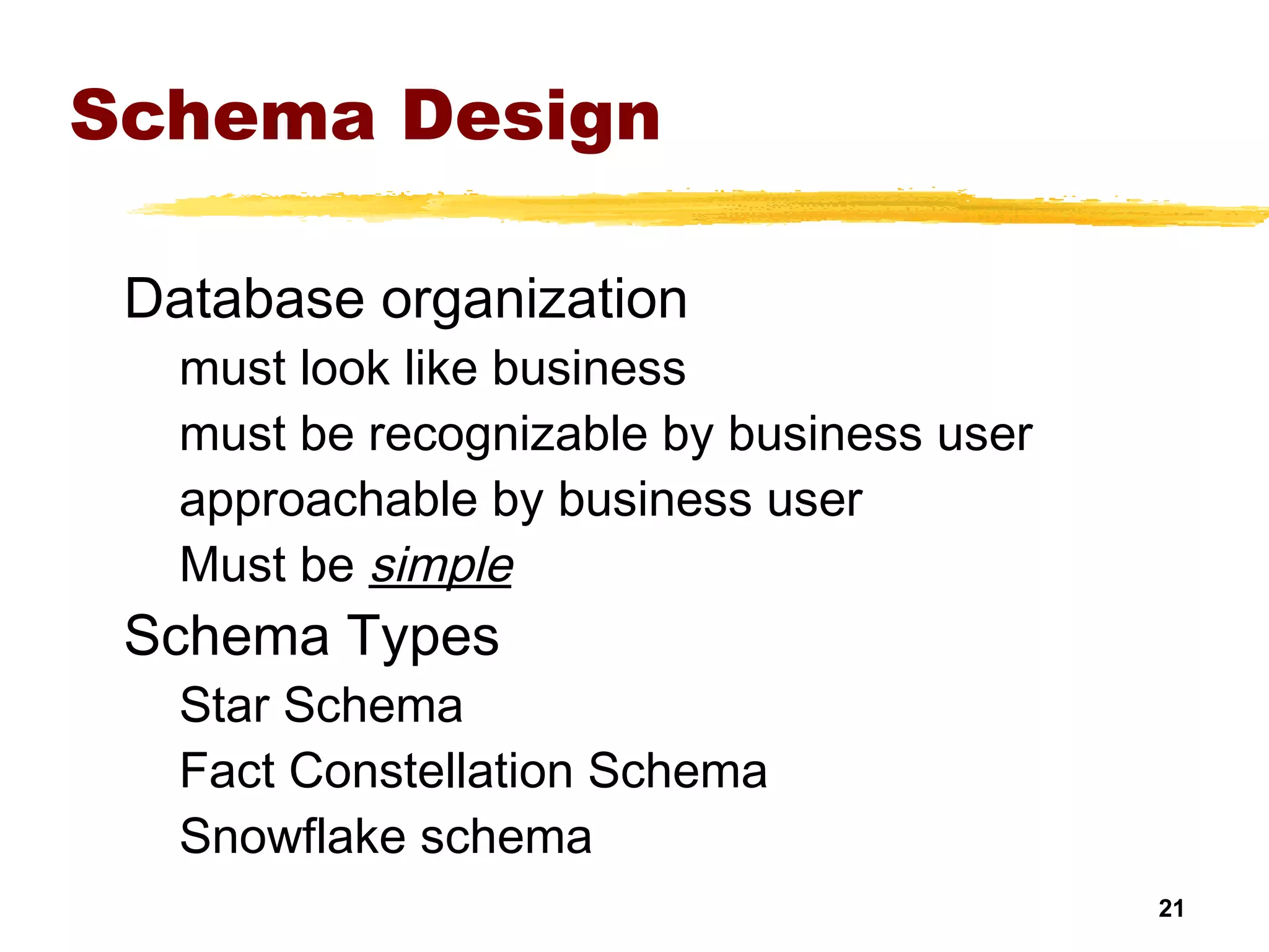 21
Schema Design
Database organization
must look like business
must be recognizable by business user
approachable by business user
Must be simple
Schema Types
Star Schema
Fact Constellation Schema
Snowflake schema
 