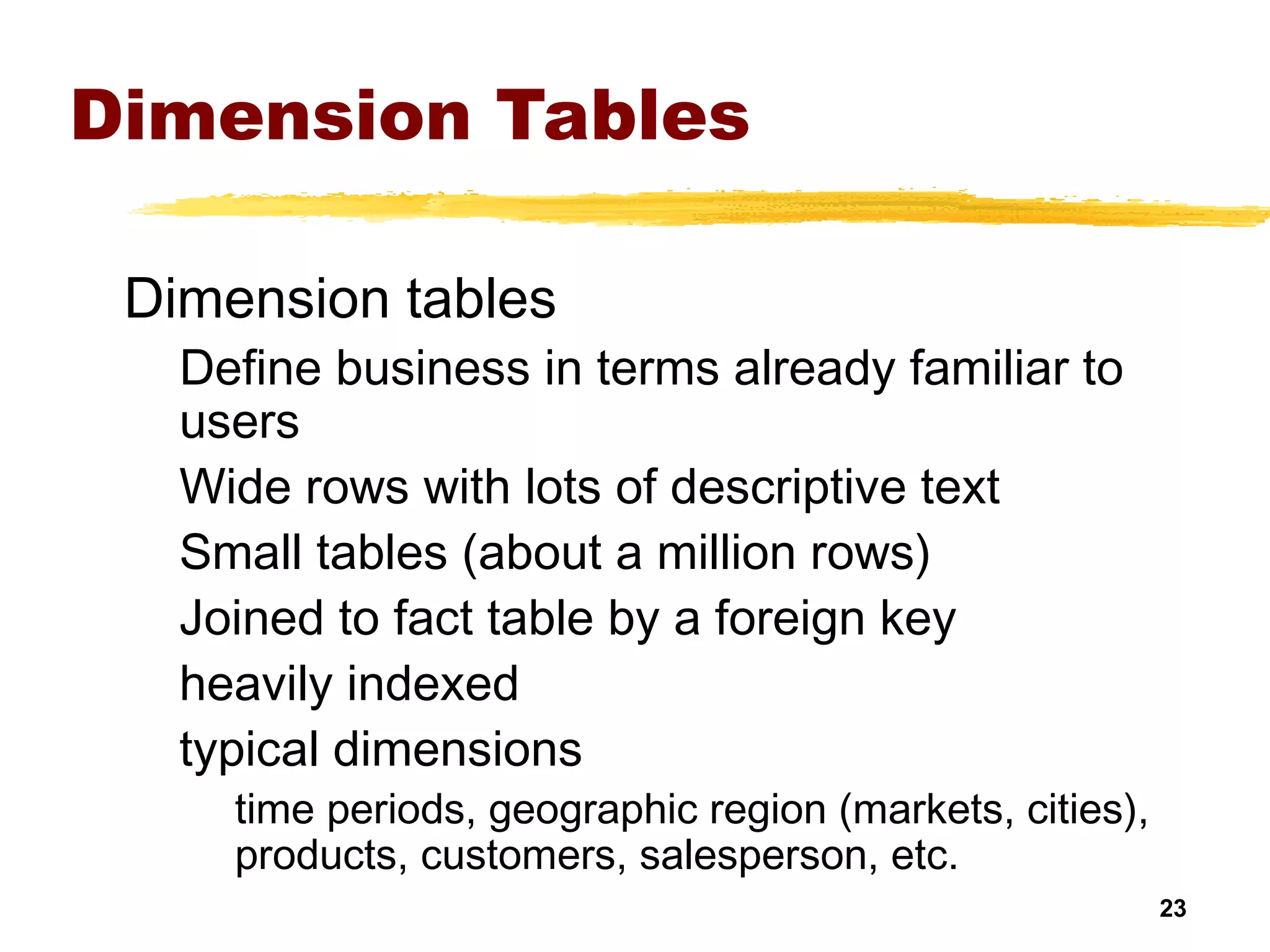 23
Dimension Tables
Dimension tables
Define business in terms already familiar to
users
Wide rows with lots of descriptive text
Small tables (about a million rows)
Joined to fact table by a foreign key
heavily indexed
typical dimensions
time periods, geographic region (markets, cities),
products, customers, salesperson, etc.
 